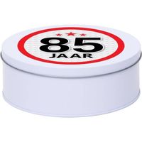 Wit bewaarblik/opbergblik 18 cm met 85 jaar sticker - Cadeaudoosjes