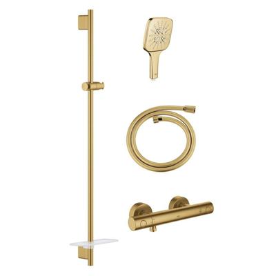 GROHE Grohtherm 1000 Smartactive Glijstangset - 90cm - met zeepschaal - thermostatische douchekraan - vierkante handdouche - gladde slang - 125cm - geborsteld cool sunrise sw98748/SW862663/sw472279/sw472323/