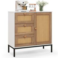 Dressoir van Imitatie Rotan Lage Bijzetkast met 1 Deur met Legplanken en 3 Laden Bohemien Vrijstaande Consoletafel voor Eetkamer Woonkamer