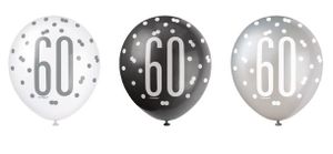 Ballonnen 60 Jaar Zwart en Zilver Glitz (6st)