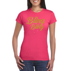 Glitter glamour feest t-shirt dames - bling bling goud - roze - feestkleding