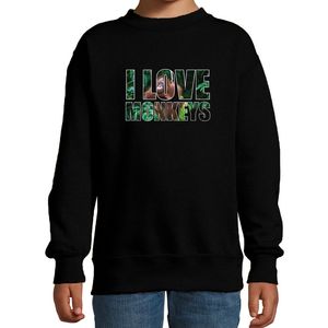 Tekst sweater I love monkeys met dieren foto van een orang oetan aap zwart voor kinderen