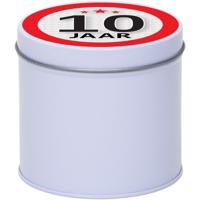 Cadeau koek of snoep blik - met 10 jaar opdruk sticker - 10 x 10 cm - Cadeauverpakking verjaardag