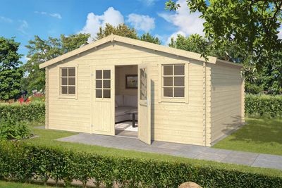 Outdoor Life Udo Blokhut 480x300 cm 28 mm vuren blank- Zadeldak- Onbehandeld vurenhout- Outdoor Life