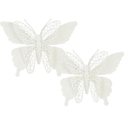 Kerstboomversiering Vlinder - 2x stuks - 16 cm - wit glitter - op clip