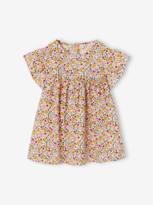 Gebloemde meisjesblouse met korte mouwen en ruches ecru