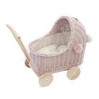 Lage Rieten poppenwagen Guusje- Oudroze met beige bies & pompons