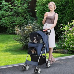 Opvouwbare Kinderwagen voor Huisdieren Kinderwagen met 4 Wielen voor Honden met Netraam Bekerhouder en Mand Donkerblauw