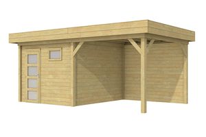 Blokhut Tapuit 300x300 cm + luifel 400 cm - Groen geïmpregneerd- Plat dak- Geïmpregneerd vurenhout- Woodvision