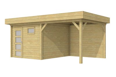 Blokhut Tapuit 300x300 cm + overkapping 400 cm - Groen geïmpregneerd- Plat dak- Geïmpregneerd vurenhout- Woodvision