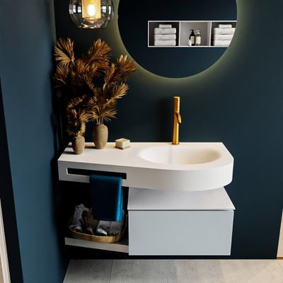 MONDIAZ RIVA 100cm badmeubel onderkast / planchet kleur Clay met 1 lade. Wastafel DULCET rechts 1 kraangat kleur Talc. MONDIAZ RIVA 100cm badmeubel onderkast / planchet kleur Clay met 1 lade. Wastafel DULCET rechts 1 kraangat kleur Talc.