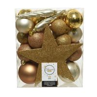 Decoris kerstballen - 33x st incl. ster piek - goud/champagne/bruin - kunststof - Kerstbal - thumbnail