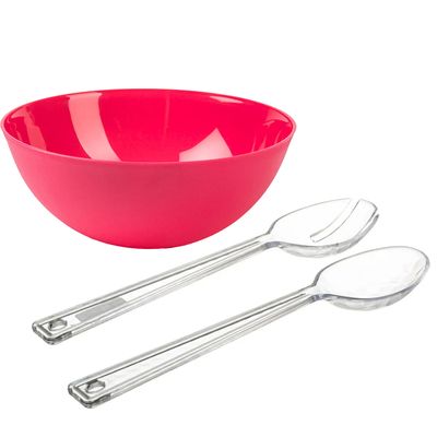 Salade serveer schaal - roze - kunststof - Dia 25 cm - met sla couvert/bestek