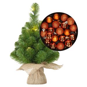 Mini kunst kerstboom - H45 cm - met verlichting en kerstballen - oranje - kunstboom