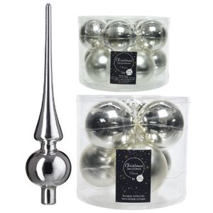 Glazen kerstballen pakket zilver glans/mat 32x stuks inclusief piek glans