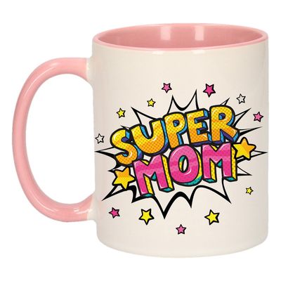 Super mom cadeau mok / beker wit en roze met sterren 300 ml