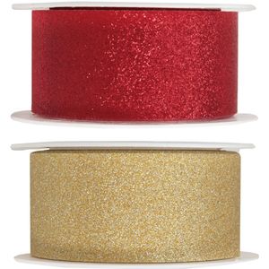 2x Hobby/decoratie rood en gouden sierlinten met glitters 3 cm/30 mm x 5 meter