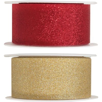 2x Hobby/decoratie rood en gouden sierlinten met glitters 3 cm/30 mm x 5 meter
