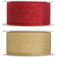 2x Hobby/decoratie rood en gouden sierlinten met glitters 3 cm/30 mm x 5 meter - thumbnail