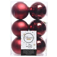 12x Donkerrode kerstballen 6 cm kunststof mat/glans - thumbnail