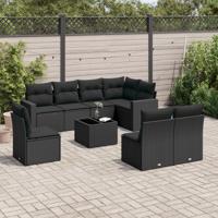 9-delige Loungeset met kussens poly rattan zwart
