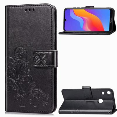Lucky Clover bloemen patroon leergeval aangedrongen Huawei Honor 8A met houder & kaartsleuven & portemonnee & Hand Strap (zwart)