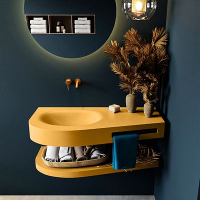 MONDIAZ RIVA 100cm Wastafel met planchet kleur Ocher. Wastafel DULCET links 0 kraangaten kleur Ocher. MONDIAZ RIVA 100cm Wastafel met planchet kleur Ocher. Wastafel DULCET links 0 kraangaten kleur Ocher.