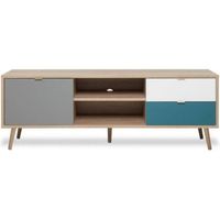 Scandinavisch TV-meubel CUBA - Eiken, grijs, wit en petroleumblauw decor - 1 deur - L 150 x D 40 x H 51 cm - thumbnail