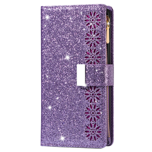 iPhone 15 Plus hoesje - Bookcase - Koord - Pasjeshouder - Portemonnee - Glitter - Bloemenpatroon - Kunstleer - Paars