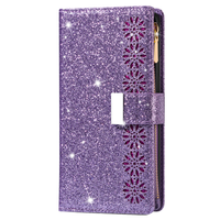 iPhone 15 Plus hoesje - Bookcase - Koord - Pasjeshouder - Portemonnee - Glitter - Bloemenpatroon - Kunstleer - Paars