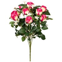 Kunstbloemen boeket rozen met bladgroen - cerise - H49 cm - Bloemstuk