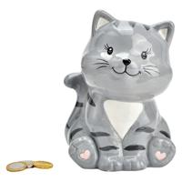 Spaarpot kat/poes - voor kinderen - keramiek - grijs - 16 x 12 x 10 cm - geld sparen