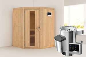 Karibu | Nanja Sauna met Dakkraag | Energiesparende Deur | Biokachel 3,6 kW Externe Bediening