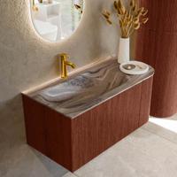 Badmeubel Mondiaz Kurve-Dlux | 95 cm | Meubelkleur Ruby | Wastafelkleur Sombra | Solid surface | Wasbak linker zijde spoelbak | 1 kraangat