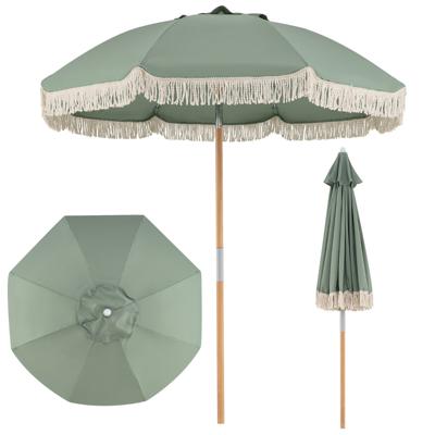 Tuinparasol voor Buiten met Franjes 180 cm Houten Strandparasol met 8 Stevige Baleinen Verstelbare Hellingshoek Automatische Opening-Groen