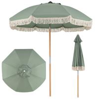 Tuinparasol voor Buiten met Franjes 180 cm Houten Strandparasol met 8 Stevige Baleinen Verstelbare Hellingshoek Automatische Opening-Groen