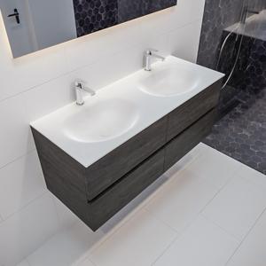 Mondiaz Vica Moon badmeubel eiken donker bruin 120 cm 4 lades solid surface dubbele spoelbak 2 kraangaten