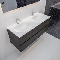 Mondiaz Vica Moon badmeubel eiken donker bruin 120 cm 4 lades solid surface dubbele spoelbak 2 kraangaten - thumbnail