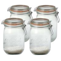 Voorraad/weckpot - 4x - transparant - glas - 17,6 x 8,5 cm - 1 L - Le Parfait