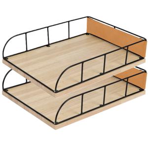 Brievenbakje/documenten opbergbak - 2x - zwart/beige - metaal/hout - L24 x B32 x H7 cm