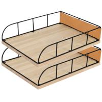 Brievenbakje/documenten opbergbak - 2x - zwart/beige - metaal/hout - L24 x B32 x H7 cm