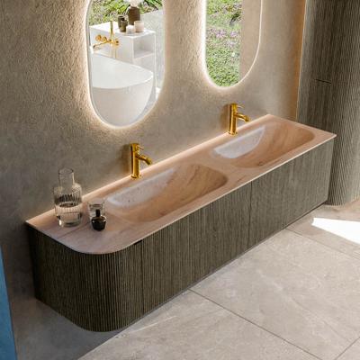Badmeubel Mondiaz Kurve-Dlux | 175 cm | Meubelkleur Shadow | Wastafelkleur Saba | Solid surface | Dubbel / Rechts spoelbak | 2 kraangaten