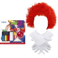 Clown verkleedset - pruik - rood - schmink - neus - handschoenen - carnaval Clown verkleedset - pruik - rood - schmink - neus - handschoenen - carnaval