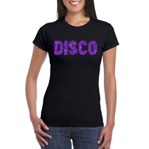 Verkleed T-shirt voor dames - disco - zwart - paars glitter - jaren 70/80 - carnaval/themafeest