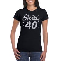 Hoera 40 jaar verjaardag cadeau t-shirt zilver glitter op zwart dames - thumbnail