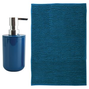 MSV badkamer droogloop mat - Genua - 50 x 80 cm - met bijpassende kleur zeeppompje - donkerblauw