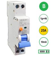 Aardlekautomaat 25A B Kar 10mA 2 polig 18mm breed Kema Keur 230V automaat en aardlek in een module