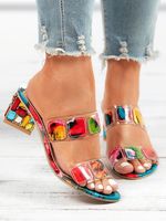 Colorful PVC Double Straps Rhinestone Chunky Heeled Sandals - thumbnail