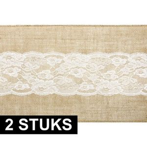 2x Jute tafellopers 28 x 275 cm met wit kant