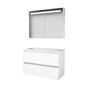 Basic-Line Premium 46 badkamermeubelset - 100x46cm - greeploos - 2 lades - acryl wastafel - 0 kraangaten - Spiegelkast - geintegreerde LED verlichting - MDF lak Ice White 1810495